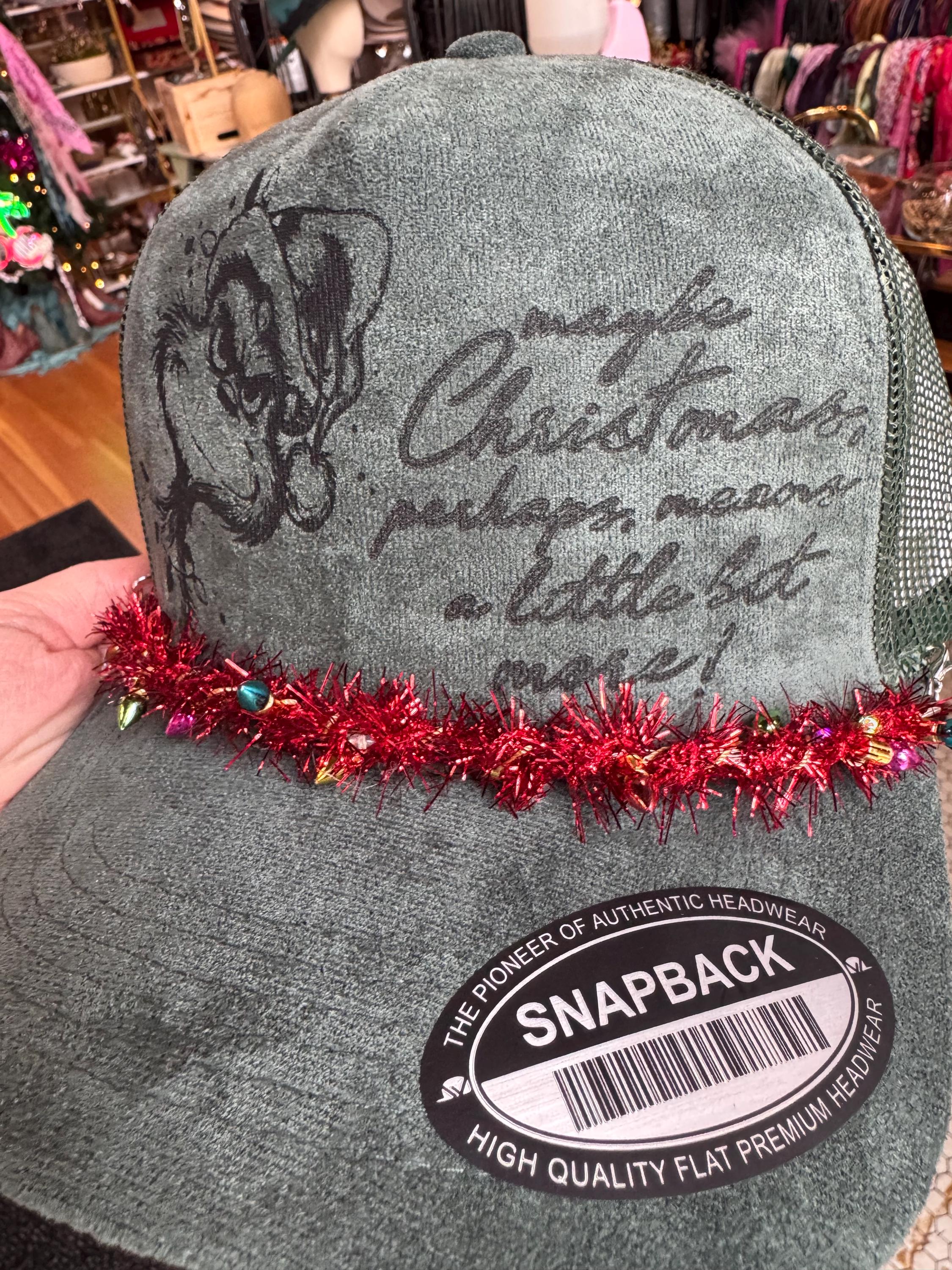 Green Suede “Maybe Christmas” Trucker Hat with Light-Up Garland Chain