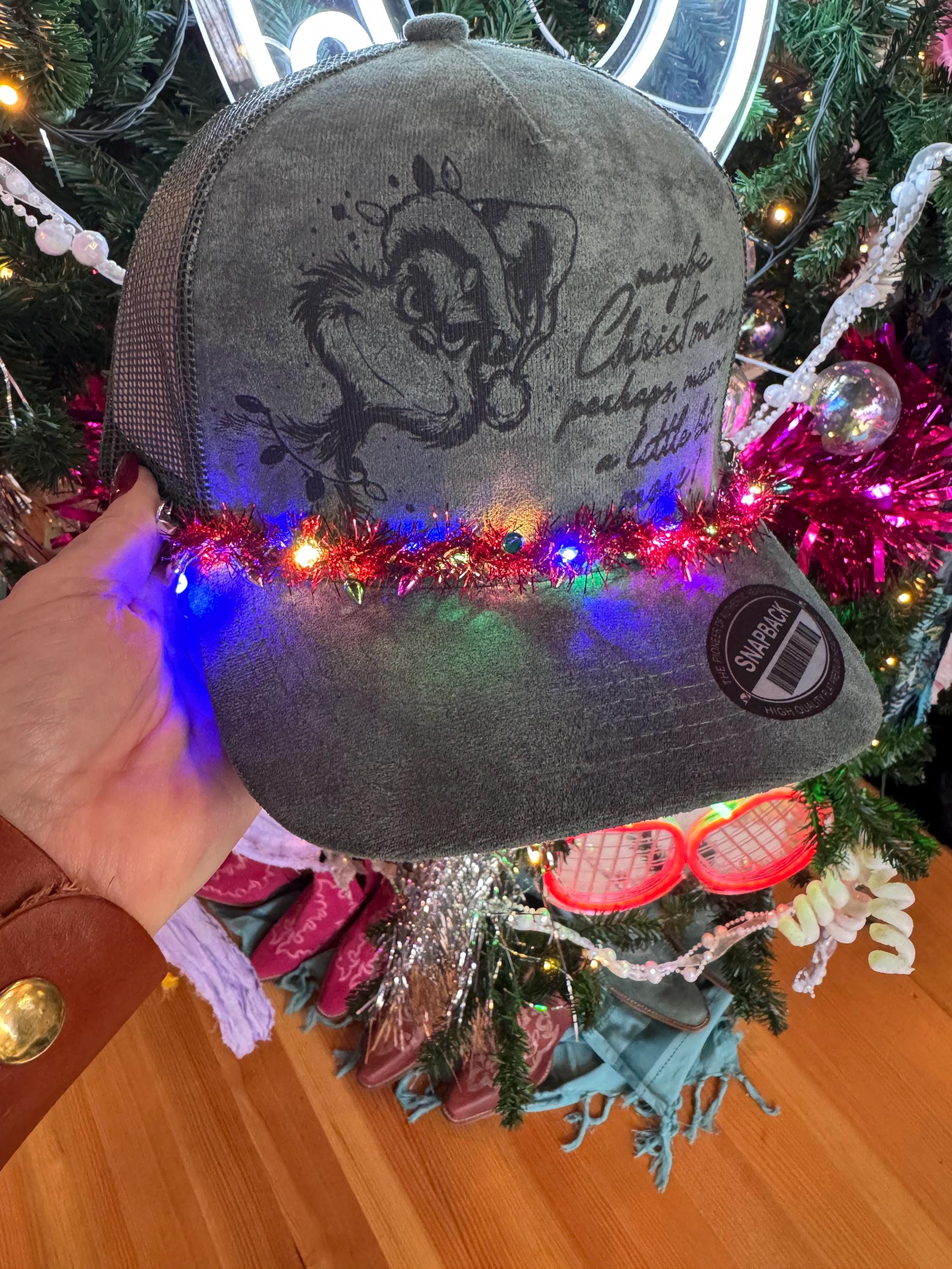Green Suede “Maybe Christmas” Trucker Hat with Light-Up Garland Chain