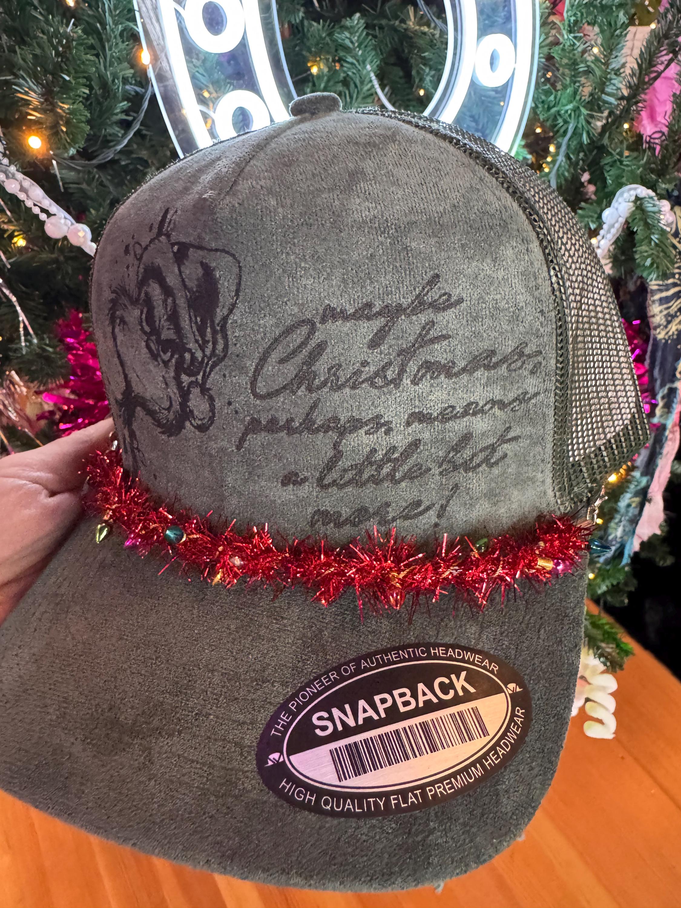 Green Suede “Maybe Christmas” Trucker Hat with Light-Up Garland Chain
