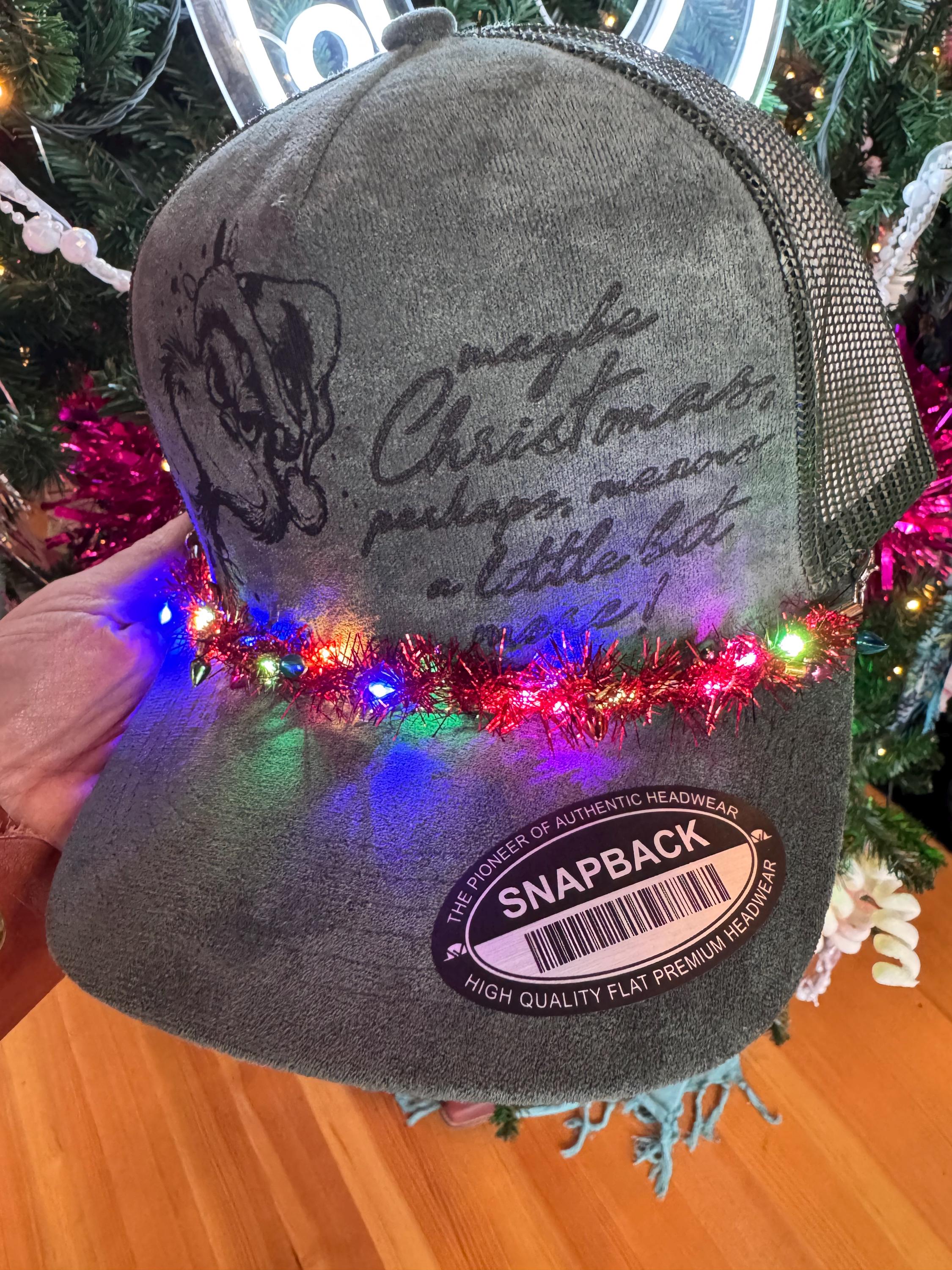 Green Suede “Maybe Christmas” Trucker Hat with Light-Up Garland Chain