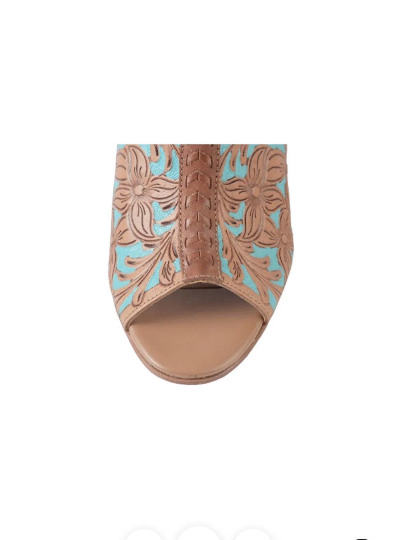 Turquoise Tooled Leather Wedge Sandals: Western Dress Shoes