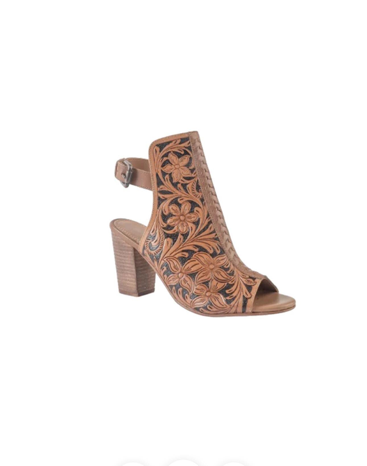 Brown & Black Tooled Leather Wedge Sandals: Western Dress Shoes