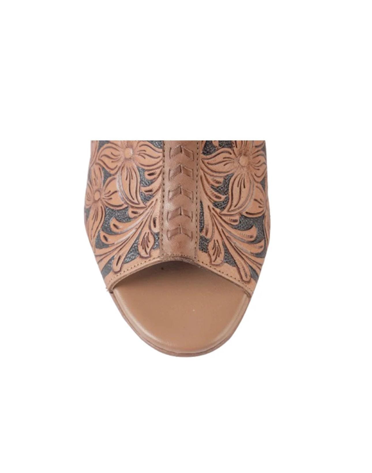 Brown & Black Tooled Leather Wedge Sandals: Western Dress Shoes
