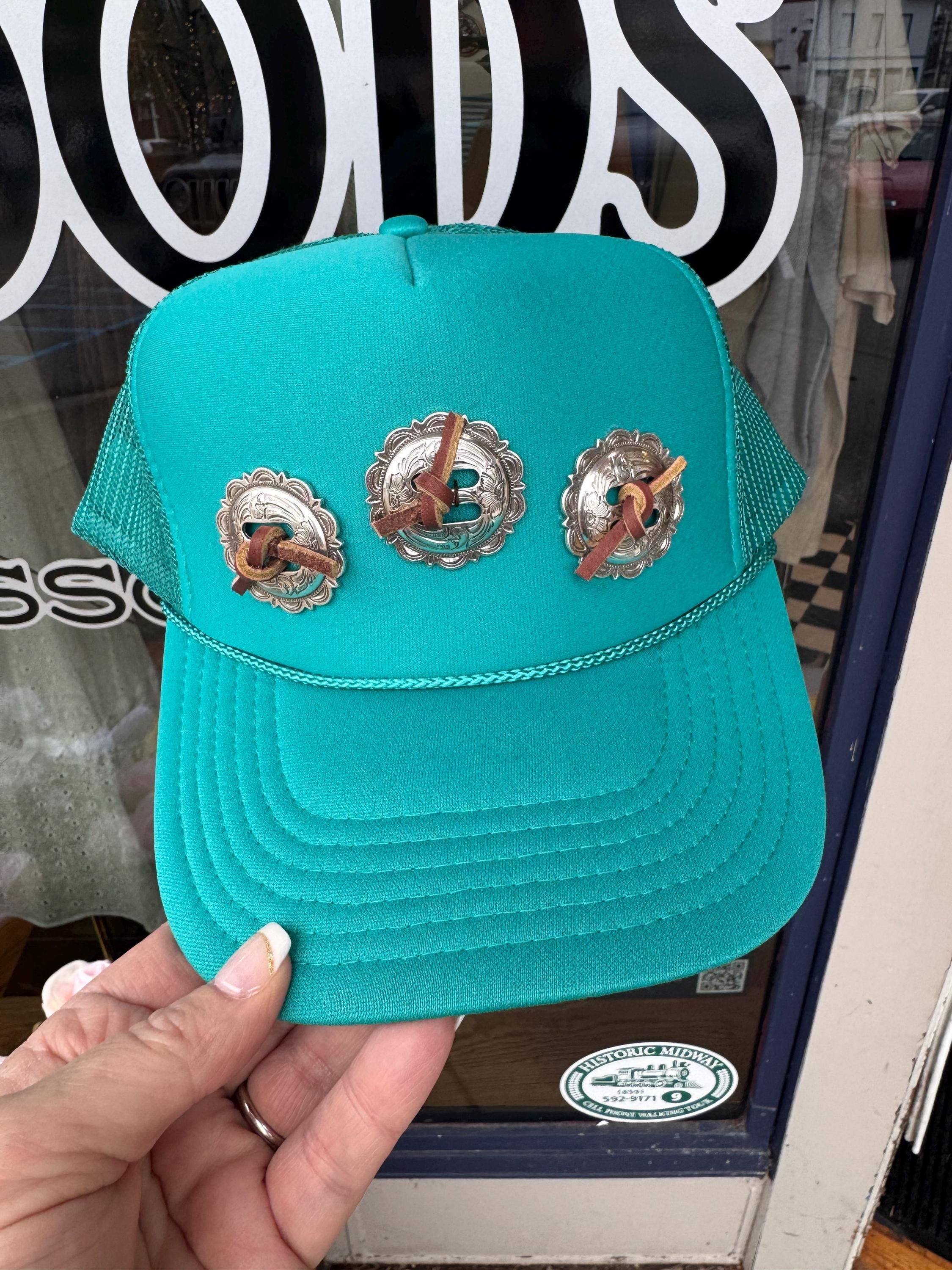 Turquoise Western Concho Trucker Hat | Hand Sewn Leather Stitch Cowgirl Hat