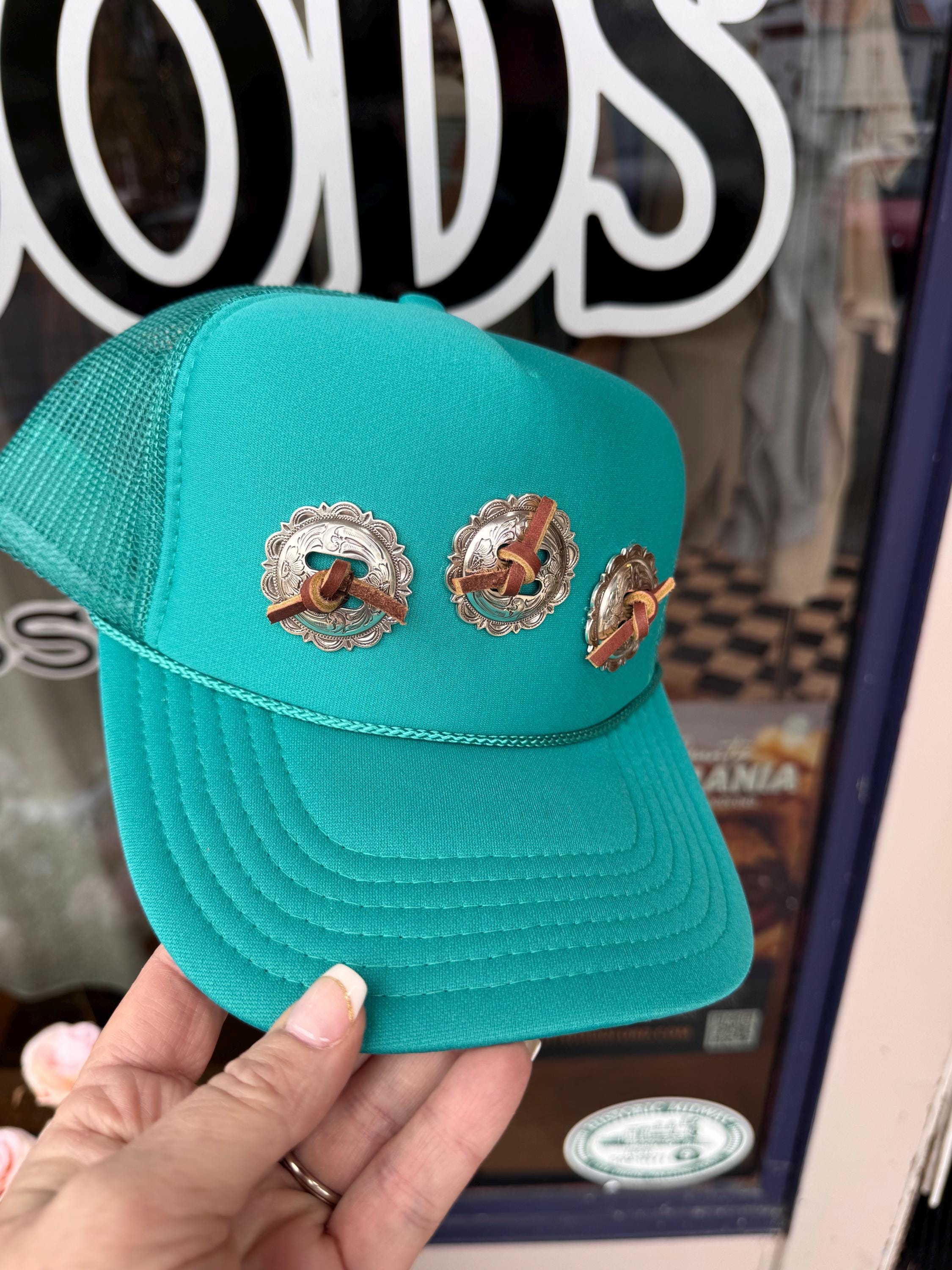 Turquoise Western Concho Trucker Hat | Hand Sewn Leather Stitch Cowgirl Hat