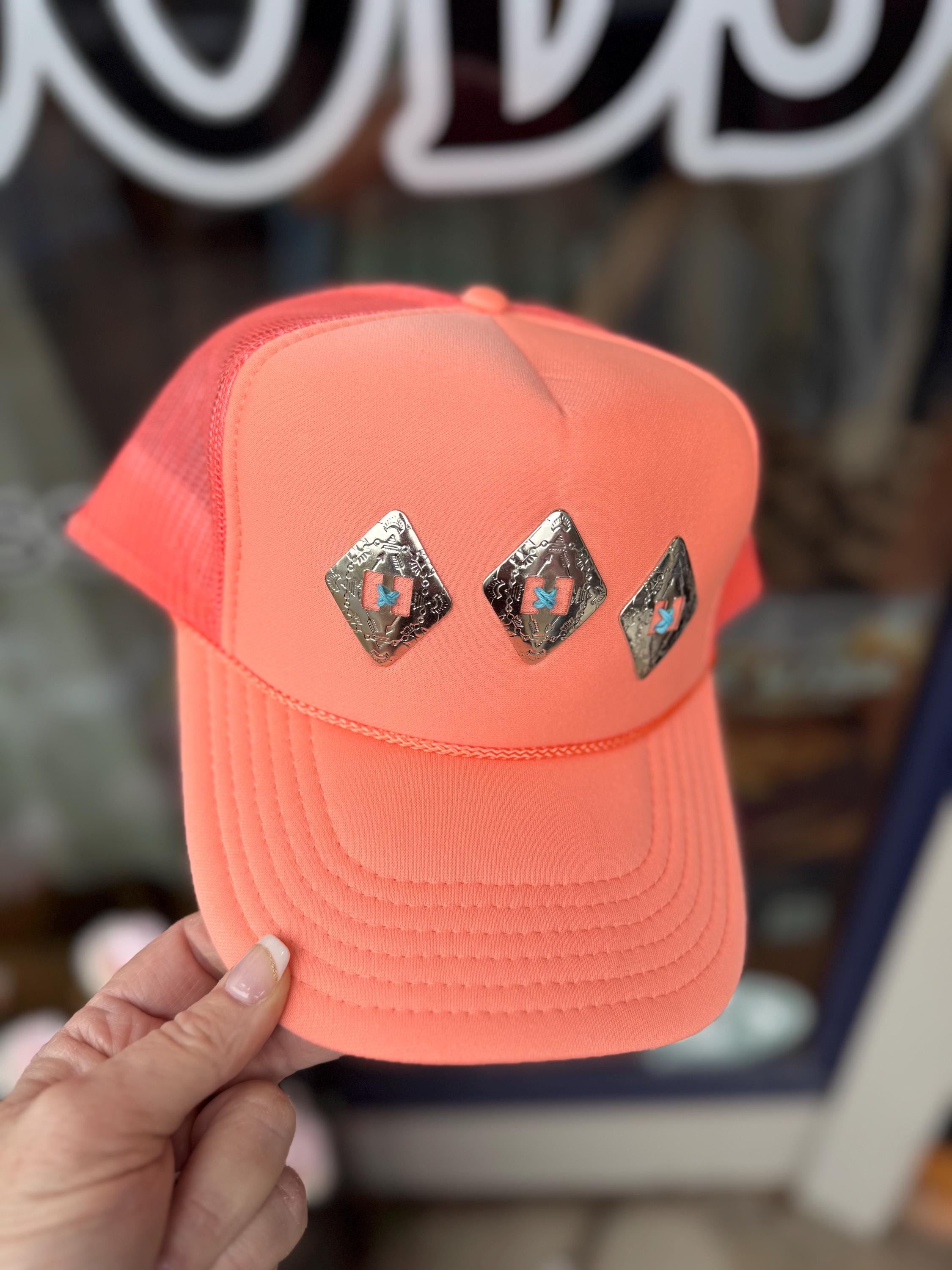 Coral Western Concho Trucker Hat | Hand Sewn Turquoise Stitch Cowgirl Hat