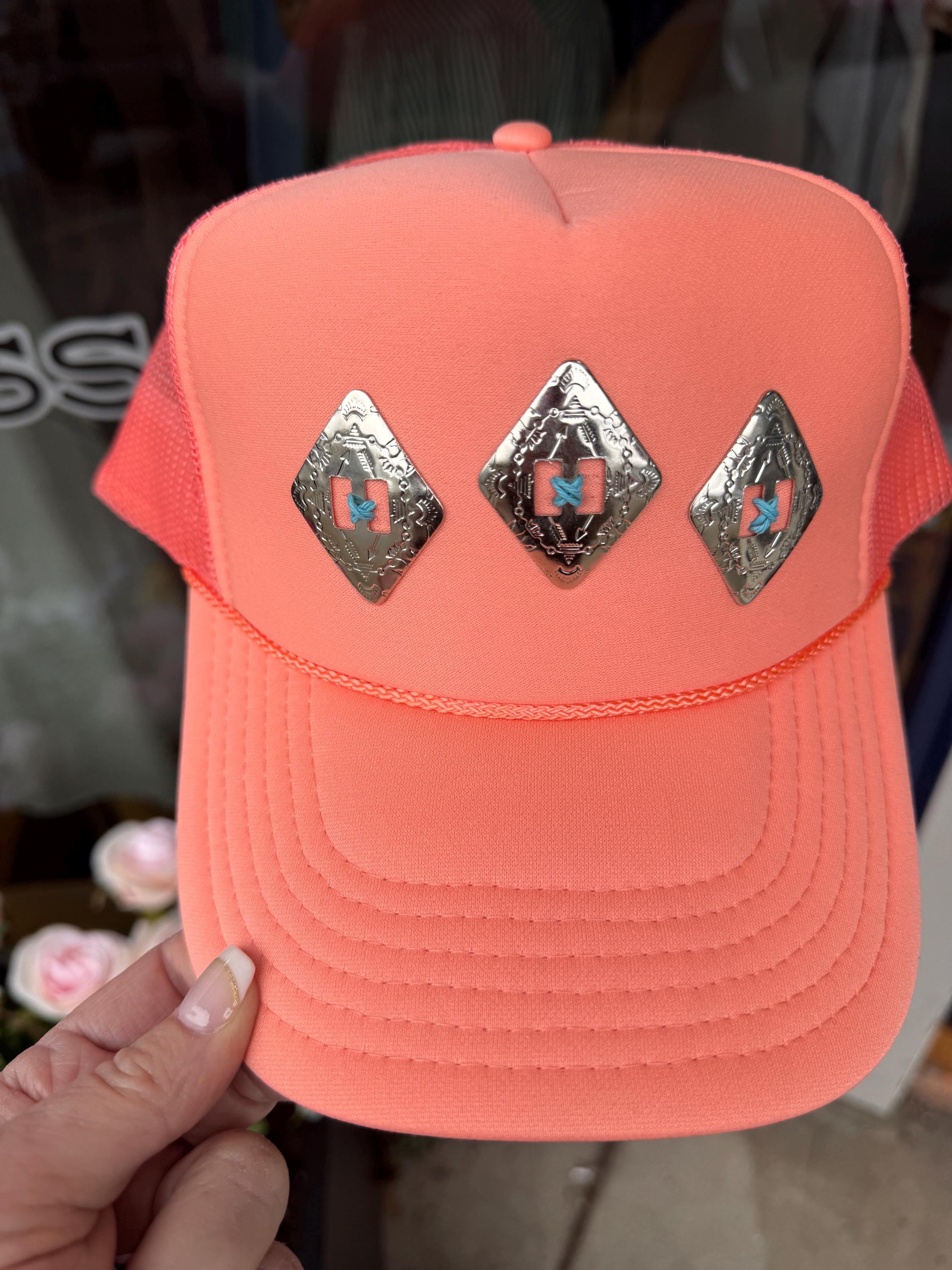 Coral Western Concho Trucker Hat | Hand Sewn Turquoise Stitch Cowgirl Hat