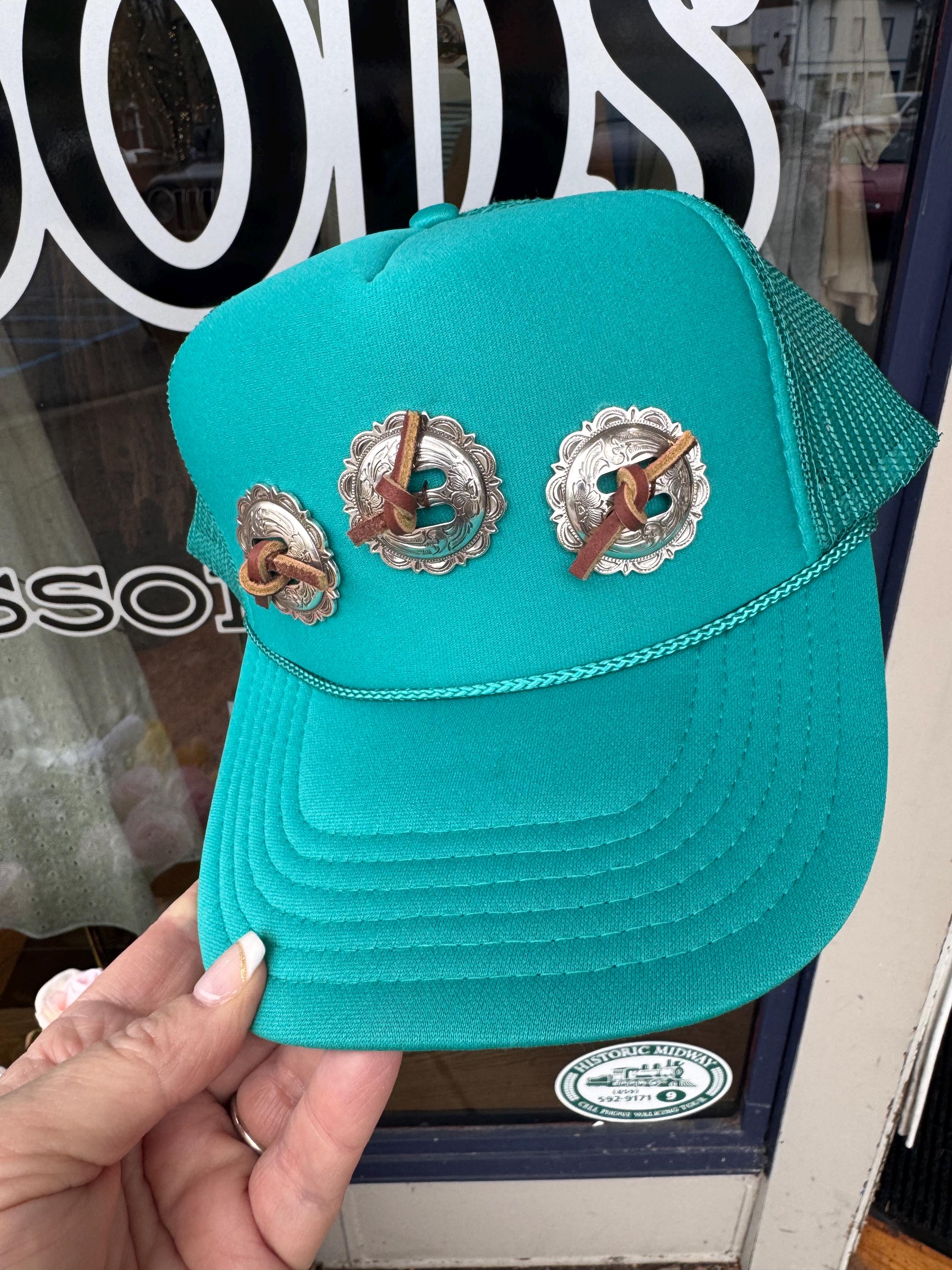 Turquoise Western Concho Trucker Hat | Hand Sewn Leather Stitch Cowgirl Hat