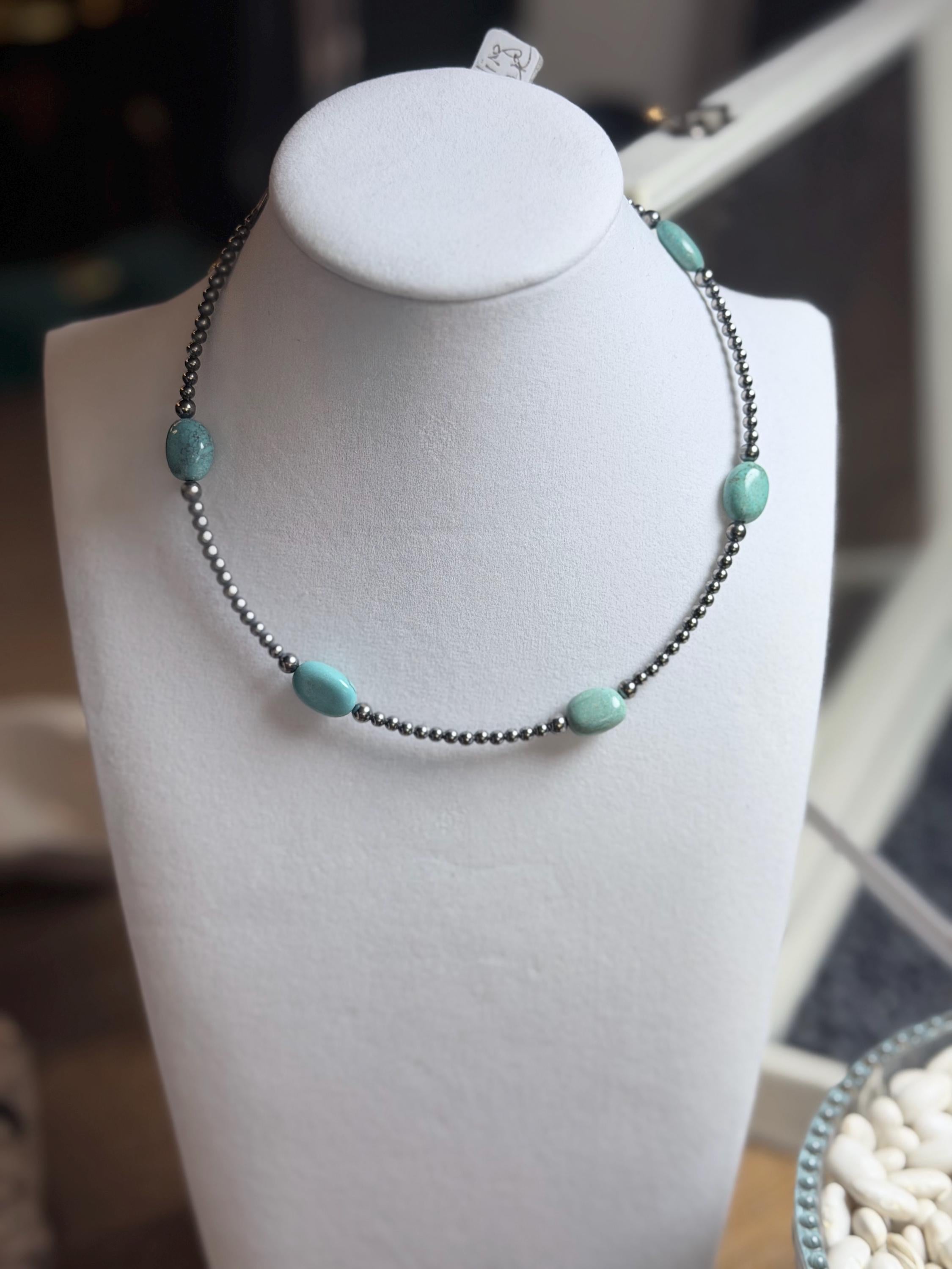 Sterling Silver Pearl & Turquoise Stone Necklace