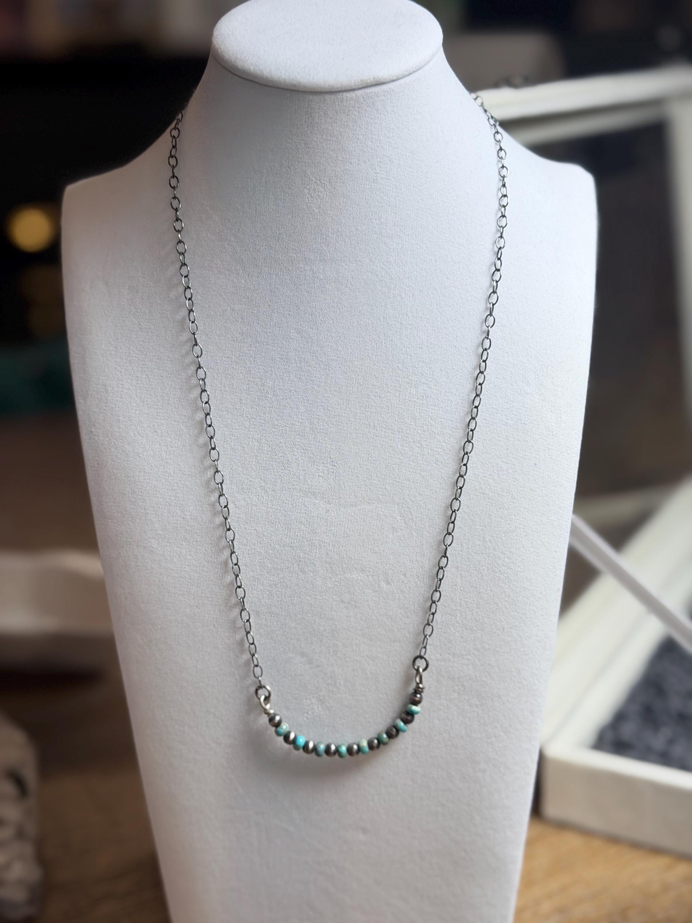 Sterling Silver Chain with Pearl & Turquoise Stones Necklace