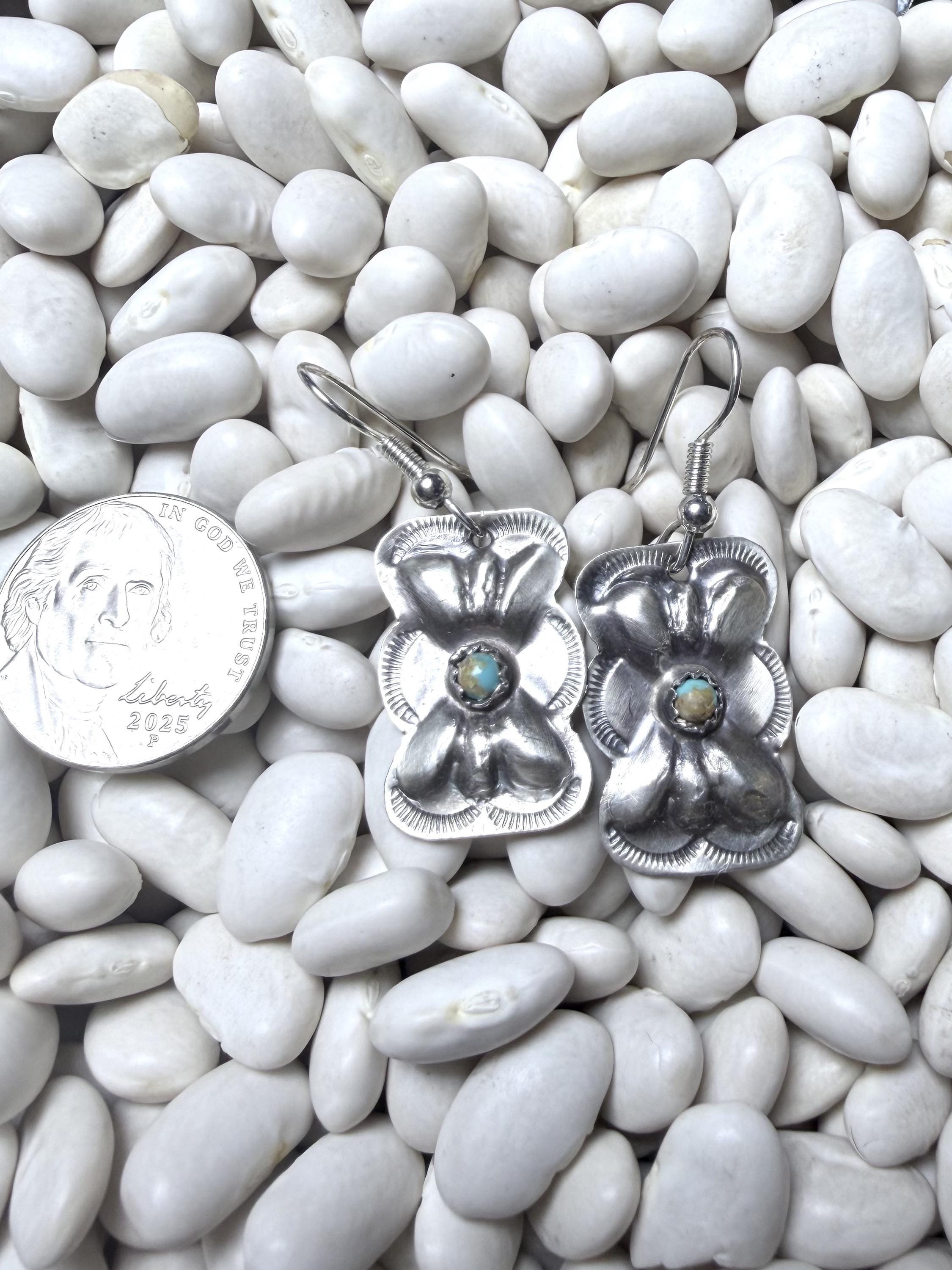 Joan Begay Navajo Handmade Sterling Silver & Kingman Turquoise Flower Earrings