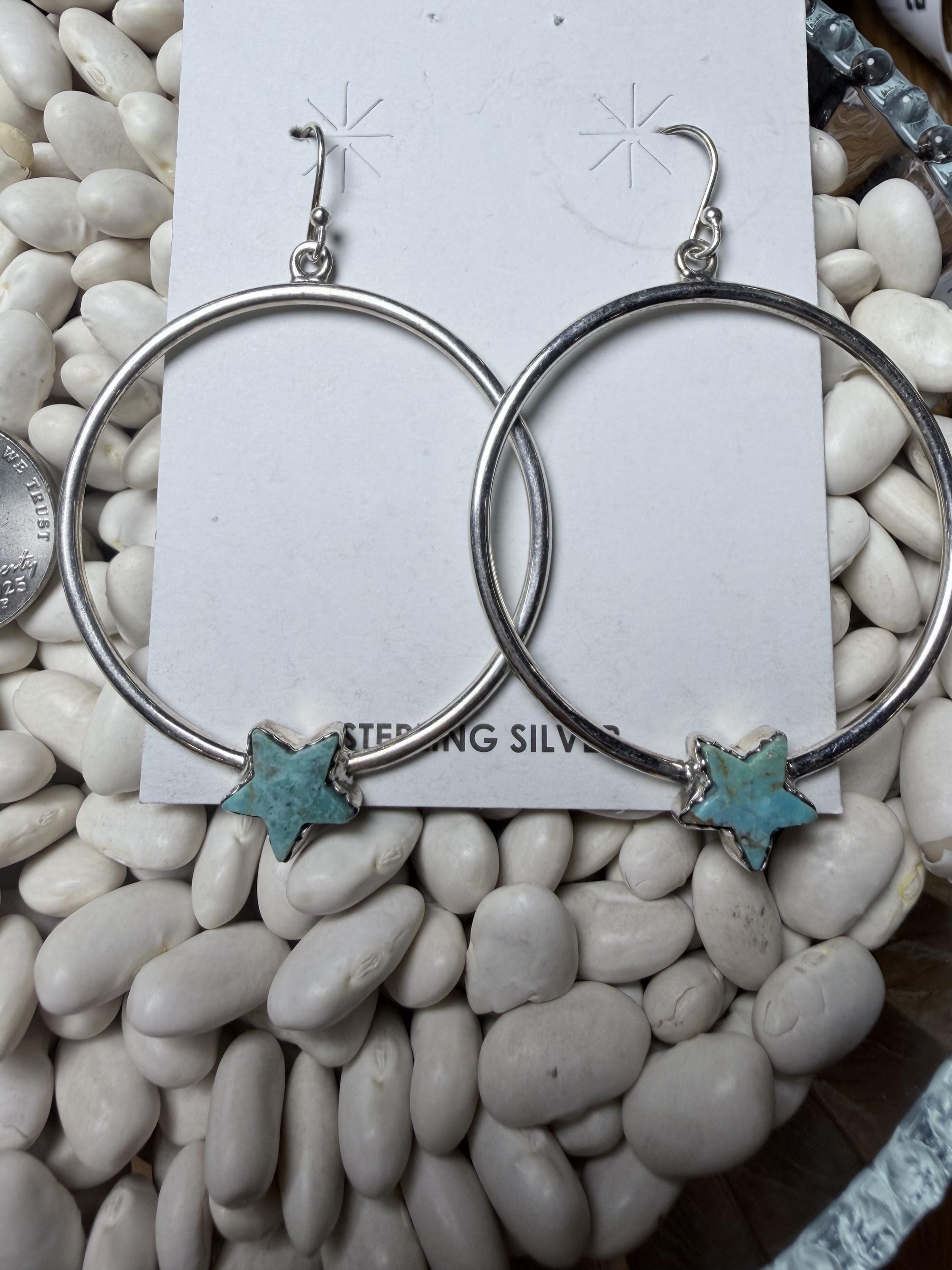 Sterling Silver Kingman Turquoise Star Hoop Earrings