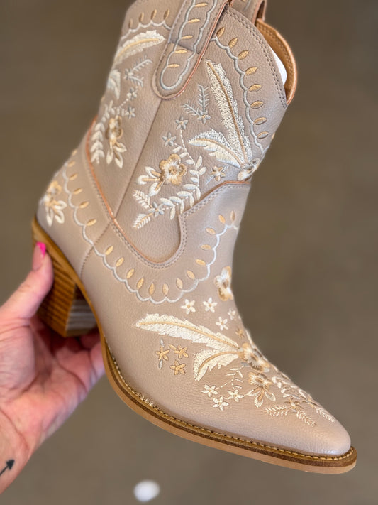 Embroidered Leather Boots in Sandstone