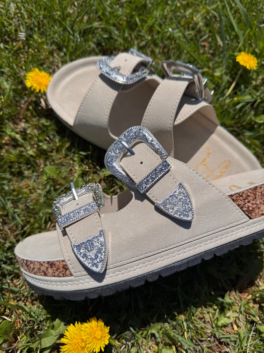 Western Silver Belt Buckle Slide Sandals