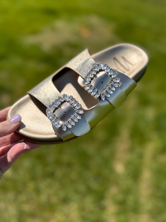 Rhinestone Buckle Slide Sandals in Gold