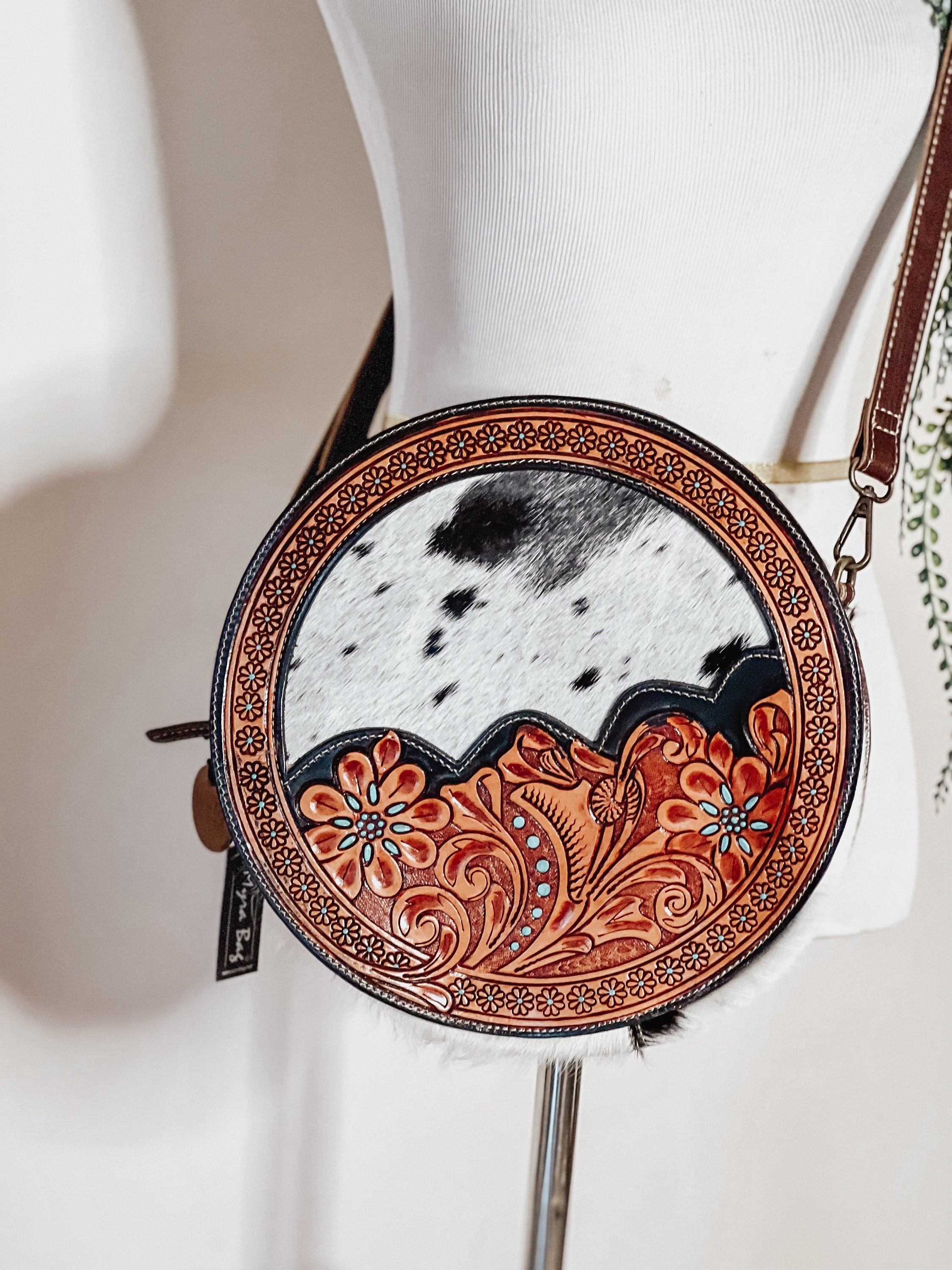 Customizable Cowhide tooled Leather Western Round Crossbody Purse Initials Monogram Farm or Cow Brand Canteen Purse Tooled Leather Bag