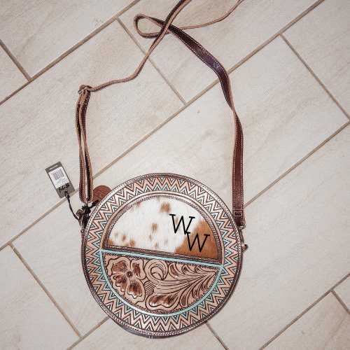 Custom Branded Cowhide tooled Leather Western Turquoise Round Crossbody Purse Initials Monogram Farm or Cow Brand