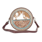 Custom Branded Cowhide tooled Leather Western Turquoise Round Crossbody Purse Initials Monogram Farm or Cow Brand