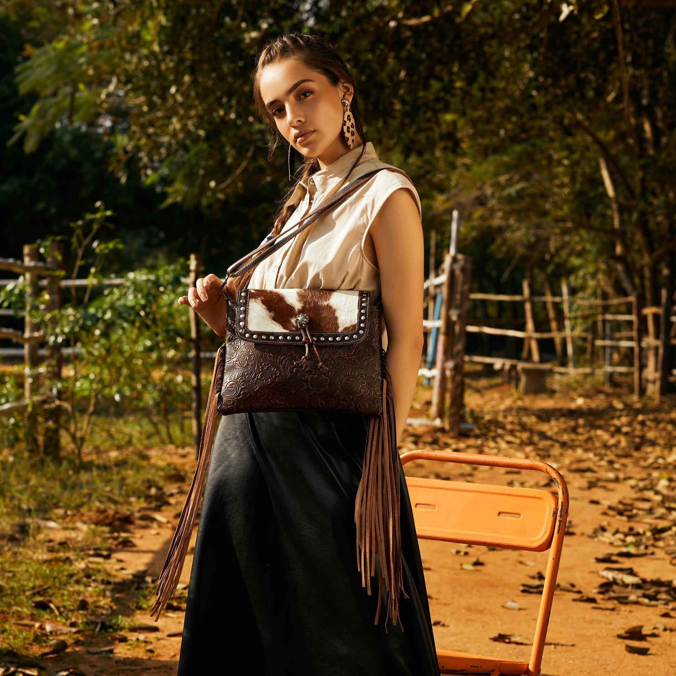 Custom Branded Cowhide Fringe Crossbody Purse Cow Print Gifts for Her