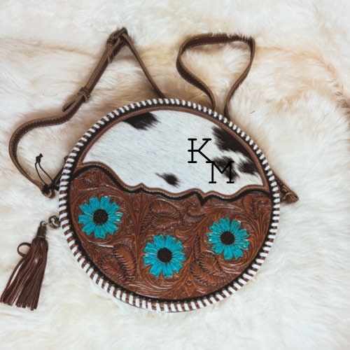 Custom Branded Cowhide Round Crossbody purse tooled leather Turquoise Flowers & White Whipstitch we add your farm cow brand logo initials