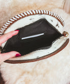 Custom Branded Cowhide Round Crossbody purse tooled leather Turquoise Flowers & White Whipstitch we add your farm cow brand logo initials