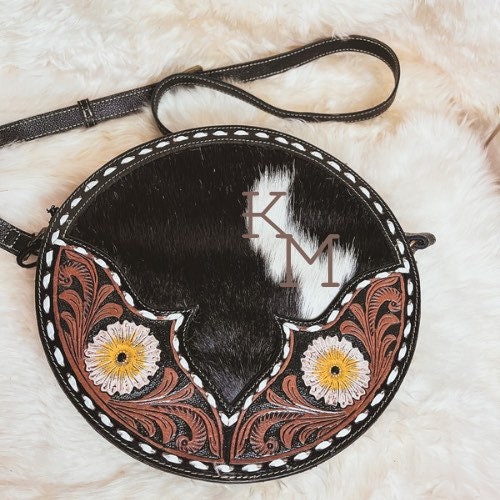 Custom branded cowhide Round Western Tooled Leather Crossbody bag