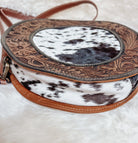 Custom Branded Cowhide tooled Leather Western Round Crossbody Purse Initials Monogram Farm or Cow Brand