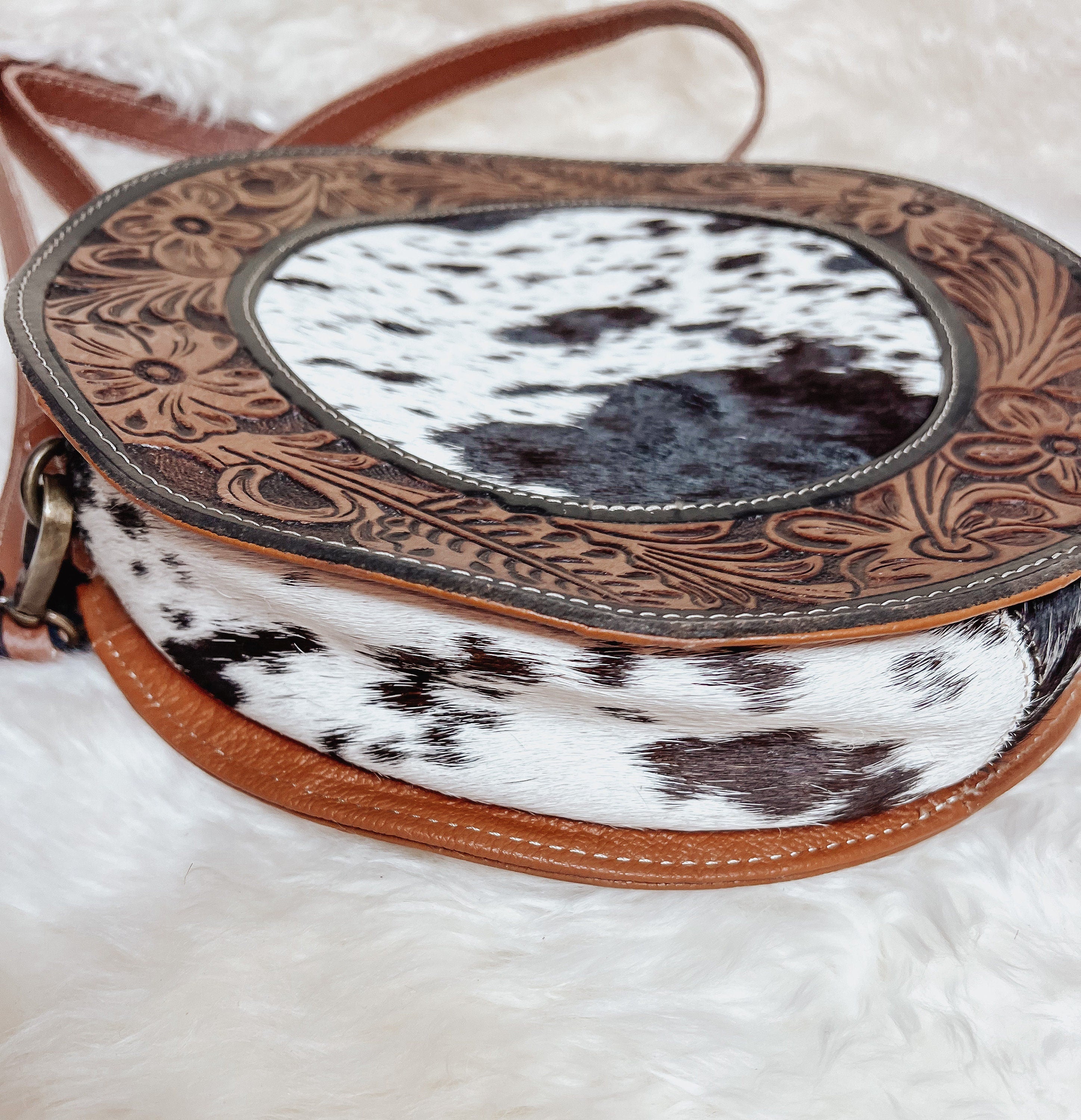 Custom Branded Cowhide tooled Leather Western Round Crossbody Purse Initials Monogram Farm or Cow Brand