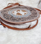 Custom Western Branded Cowhide Round Tooled Leather Crossbody Purse Monogram Initials Cow Farm Brand