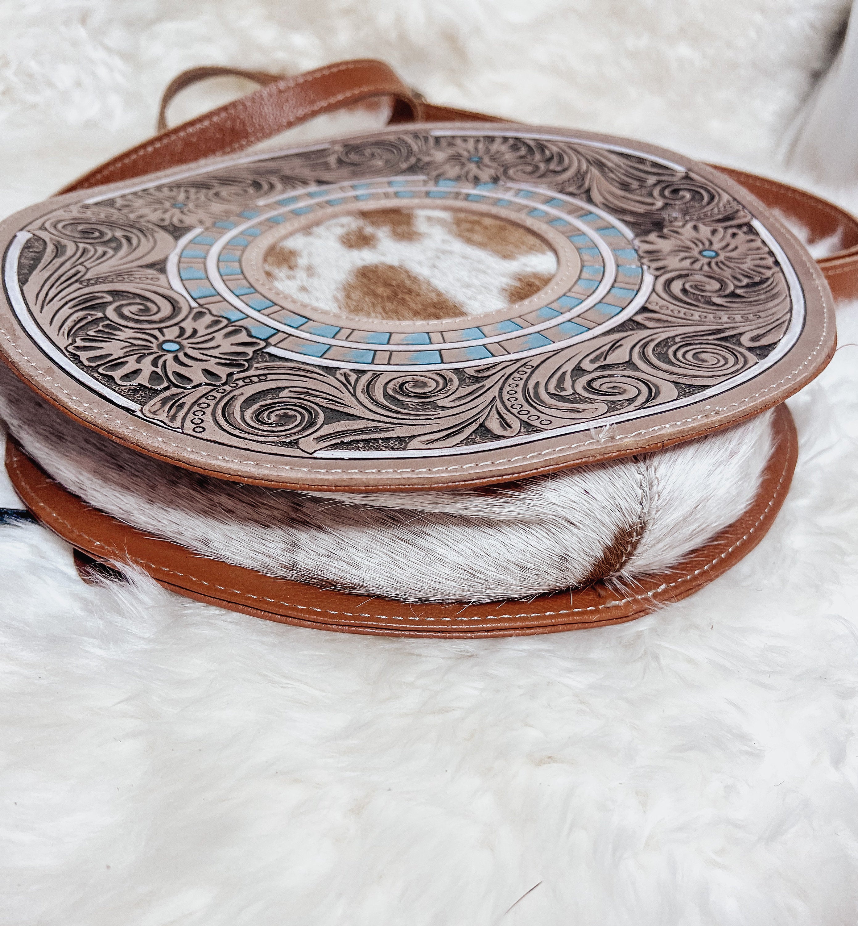 Custom Western Branded Cowhide Round Tooled Leather Crossbody Purse Monogram Initials Cow Farm Brand
