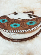 Custom Branded Cowhide Round Crossbody purse tooled leather Turquoise Flowers & White Whipstitch we add your farm cow brand logo initials