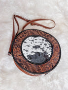 Custom Branded Cowhide tooled Leather Western Round Crossbody Purse Initials Monogram Farm or Cow Brand