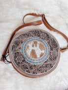 Custom Western Branded Cowhide Round Tooled Leather Crossbody Purse Monogram Initials Cow Farm Brand