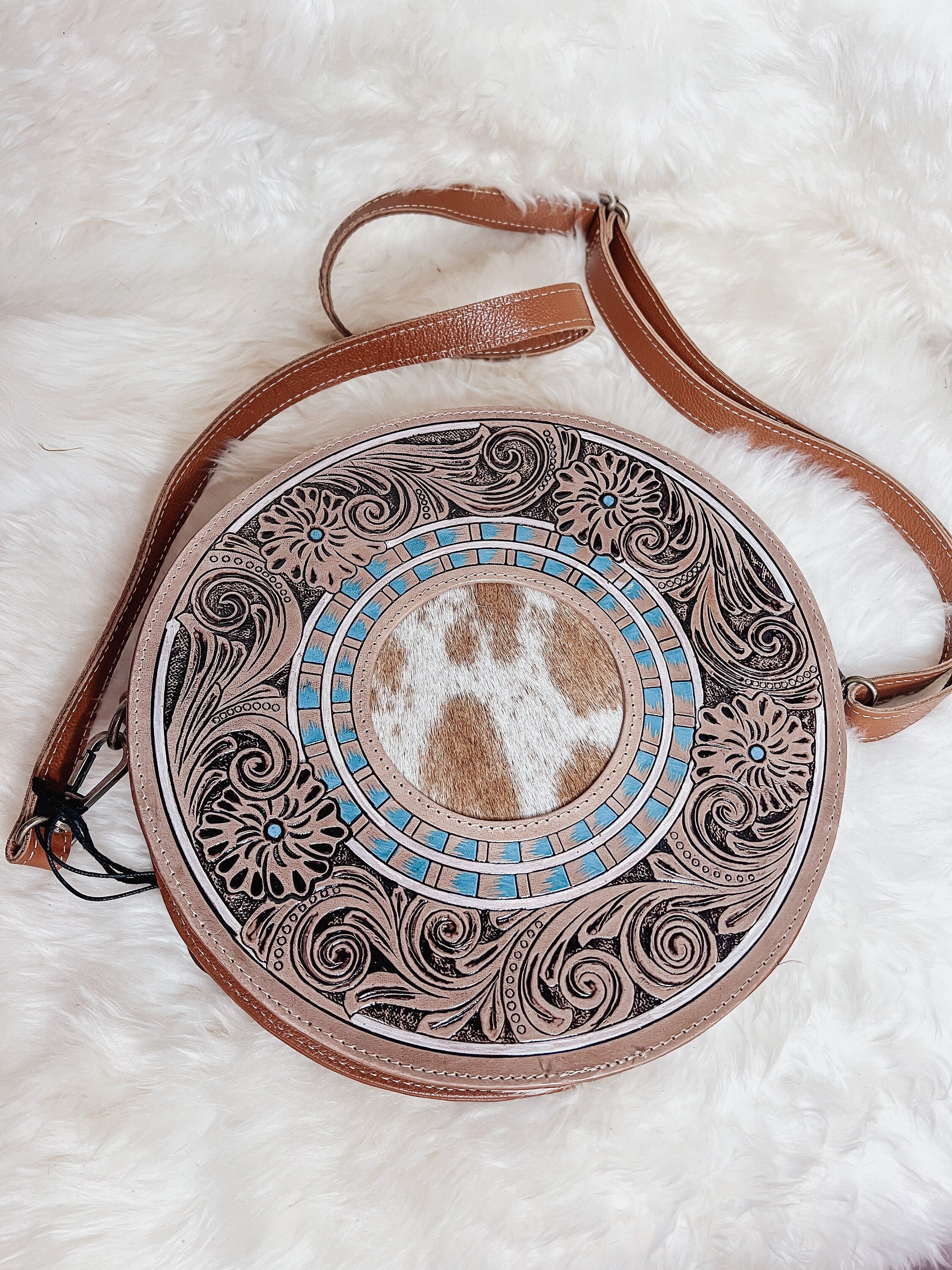 Custom Western Branded Cowhide Round Tooled Leather Crossbody Purse Monogram Initials Cow Farm Brand
