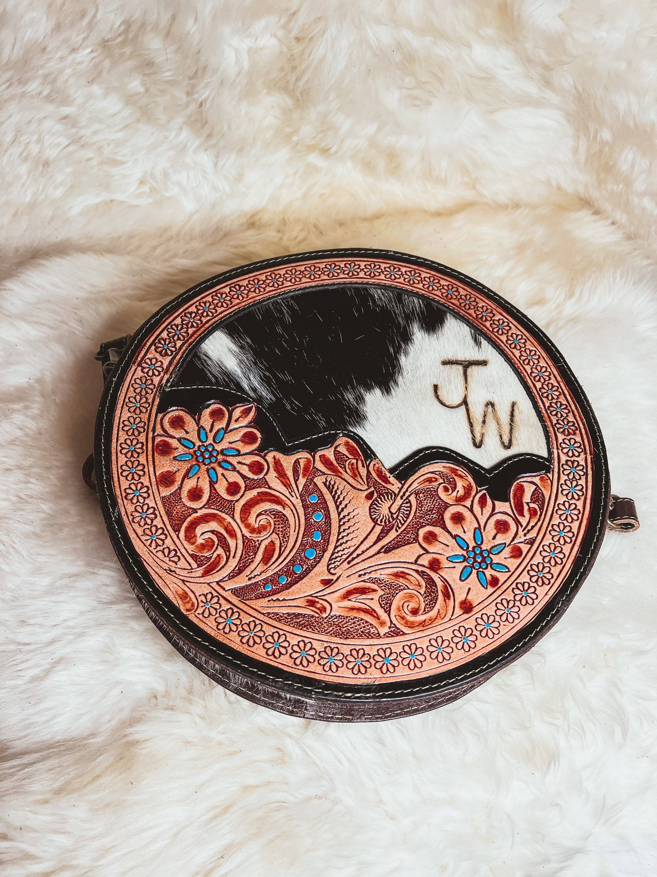 Customizable Cowhide tooled Leather Western Round Crossbody Purse Initials Monogram Farm or Cow Brand Canteen Purse Tooled Leather Bag