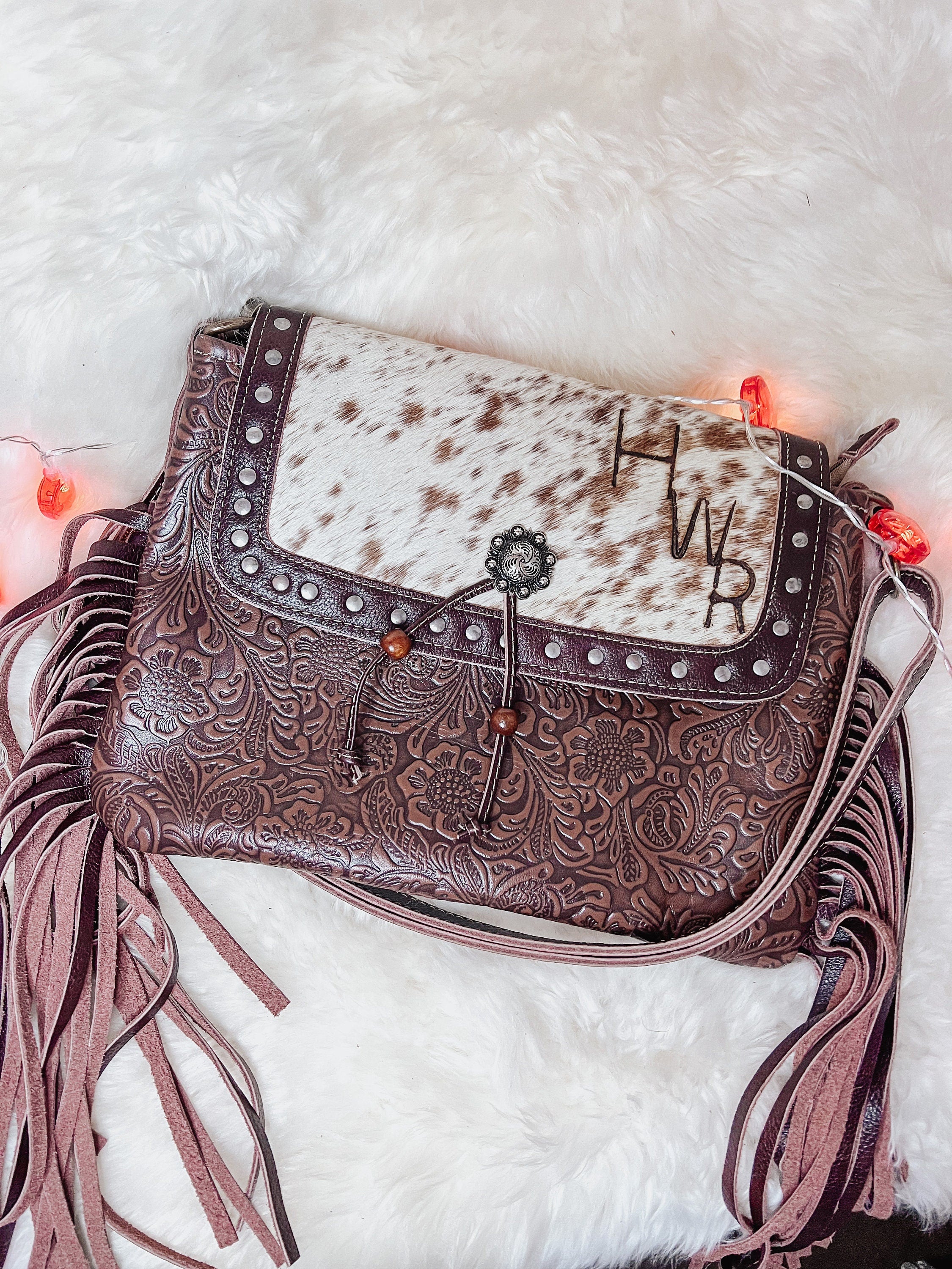 Custom Branded Cowhide Fringe Crossbody Purse Cow Print Gifts for Her