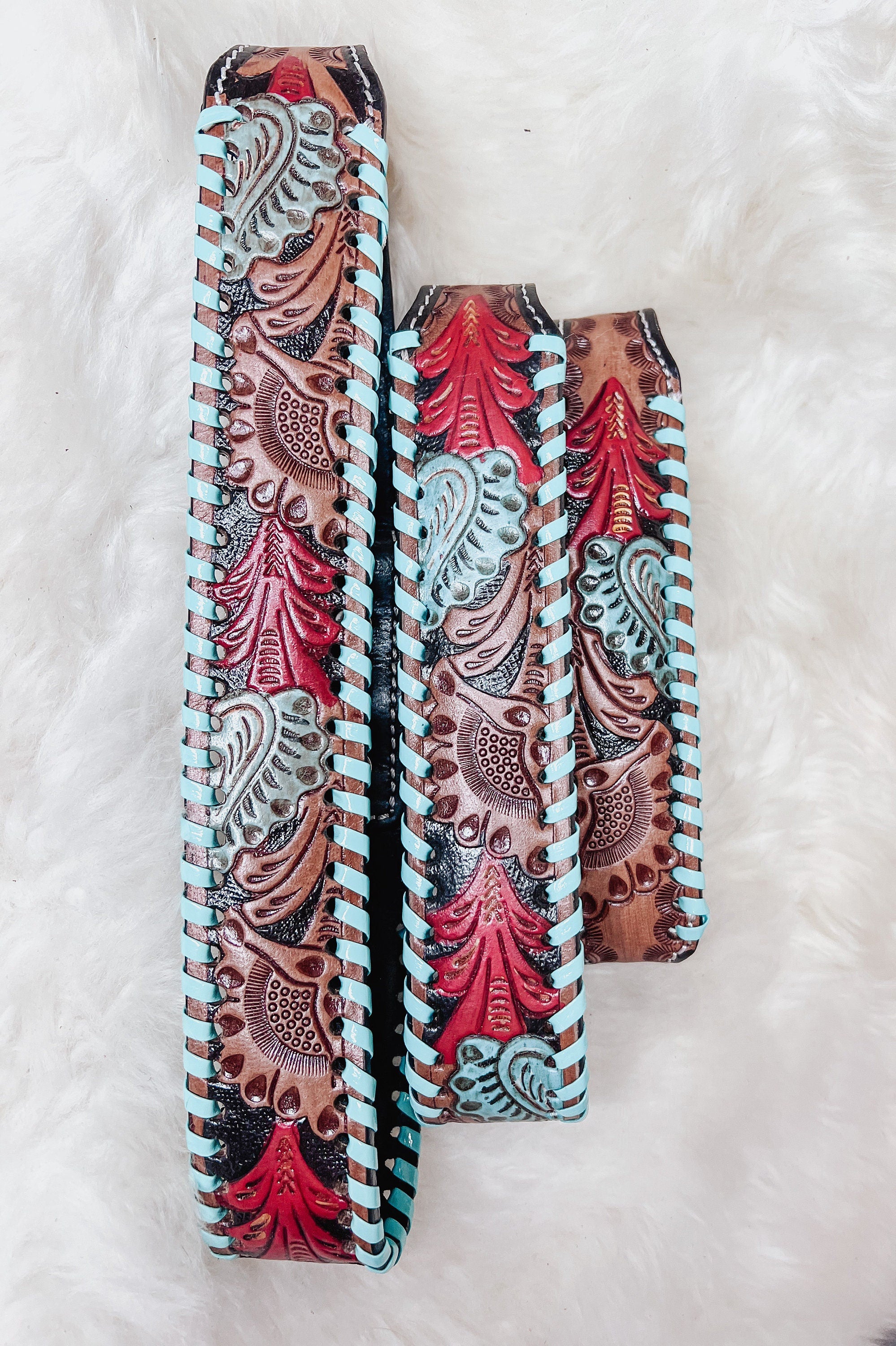 Hand Tooled Turquoise & Red Leather Dog Collar