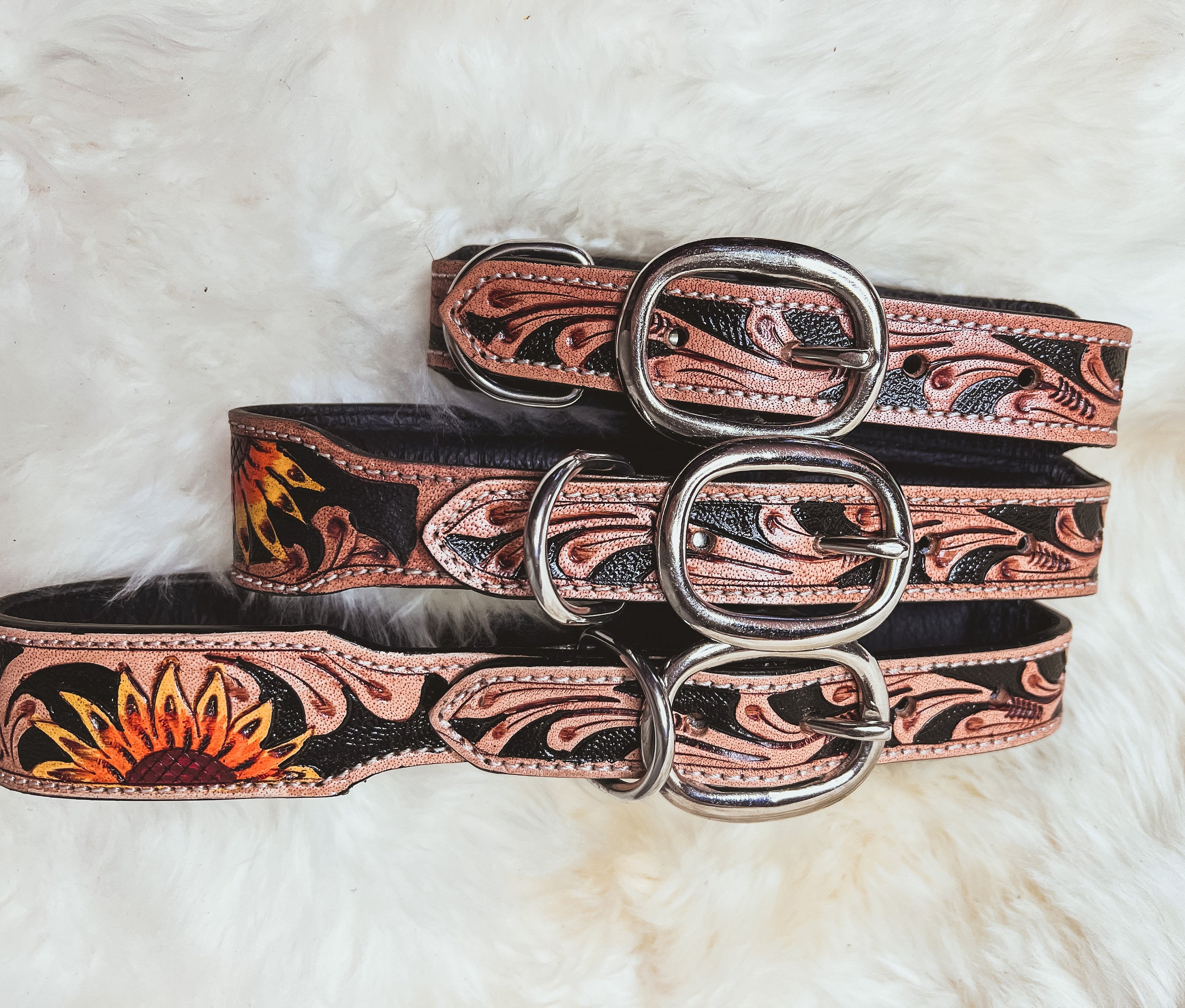 Hand Tooled Sunflower Leather Western Dog Collar