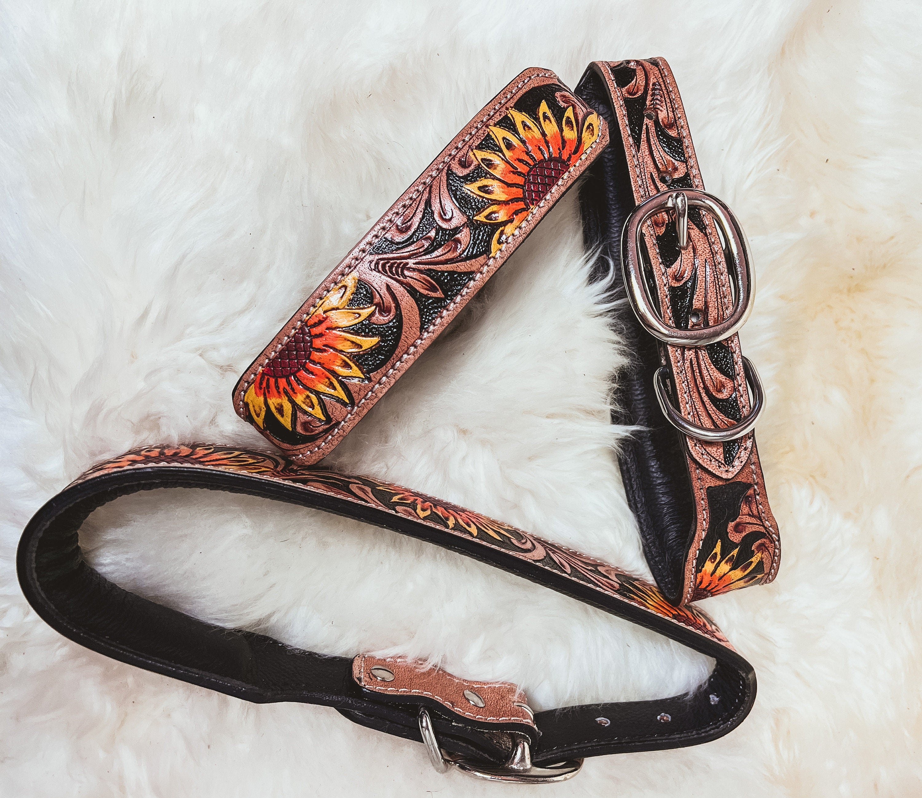 Hand Tooled Sunflower Leather Western Dog Collar