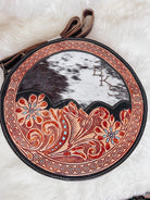 Customizable Cowhide tooled Leather Western Round Crossbody Purse Initials Monogram Farm or Cow Brand Canteen Purse Tooled Leather Bag