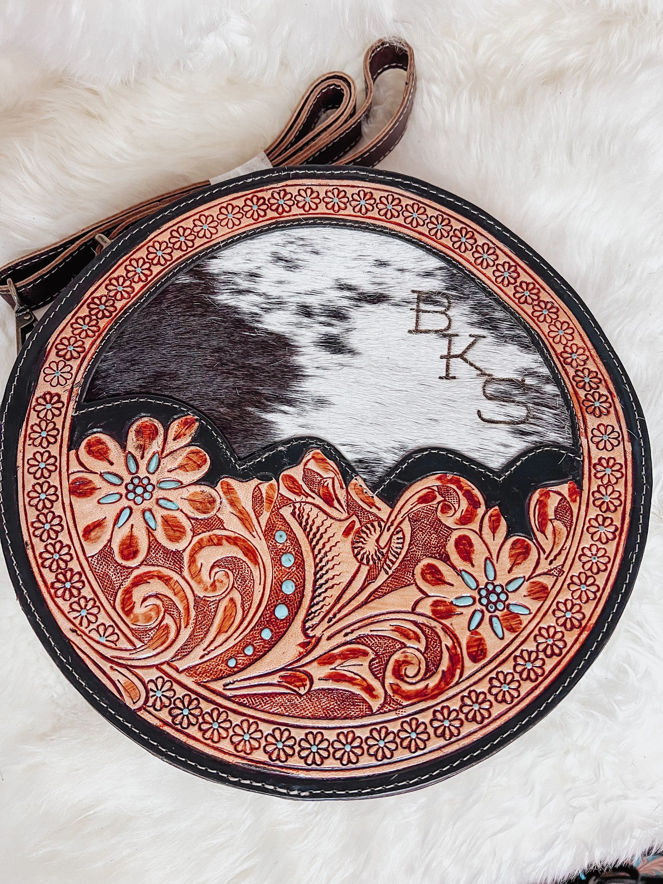 Customizable Cowhide tooled Leather Western Round Crossbody Purse Initials Monogram Farm or Cow Brand Canteen Purse Tooled Leather Bag