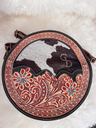 Customizable Cowhide tooled Leather Western Round Crossbody Purse Initials Monogram Farm or Cow Brand Canteen Purse Tooled Leather Bag