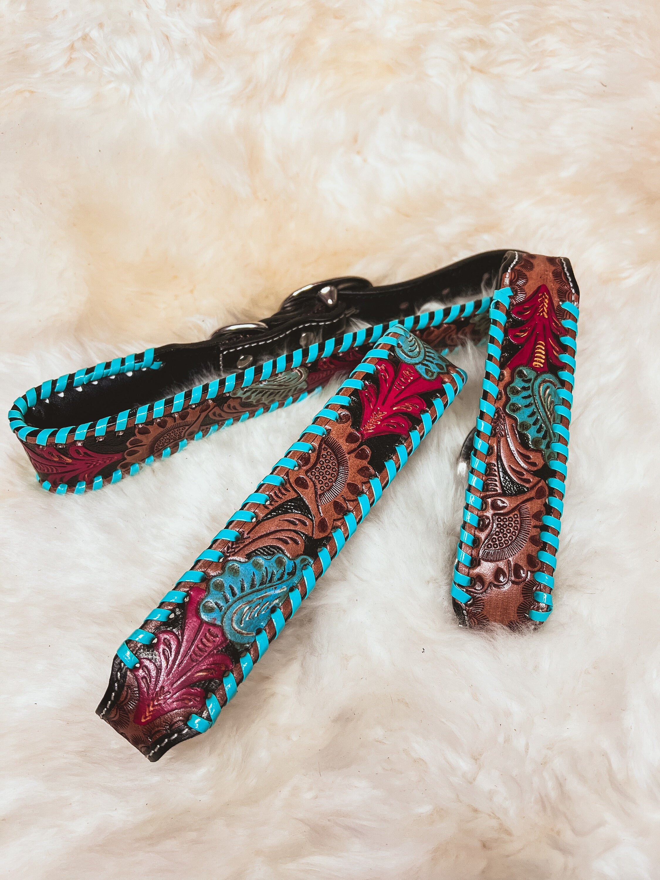 Hand Tooled Turquoise & Red Leather Dog Collar