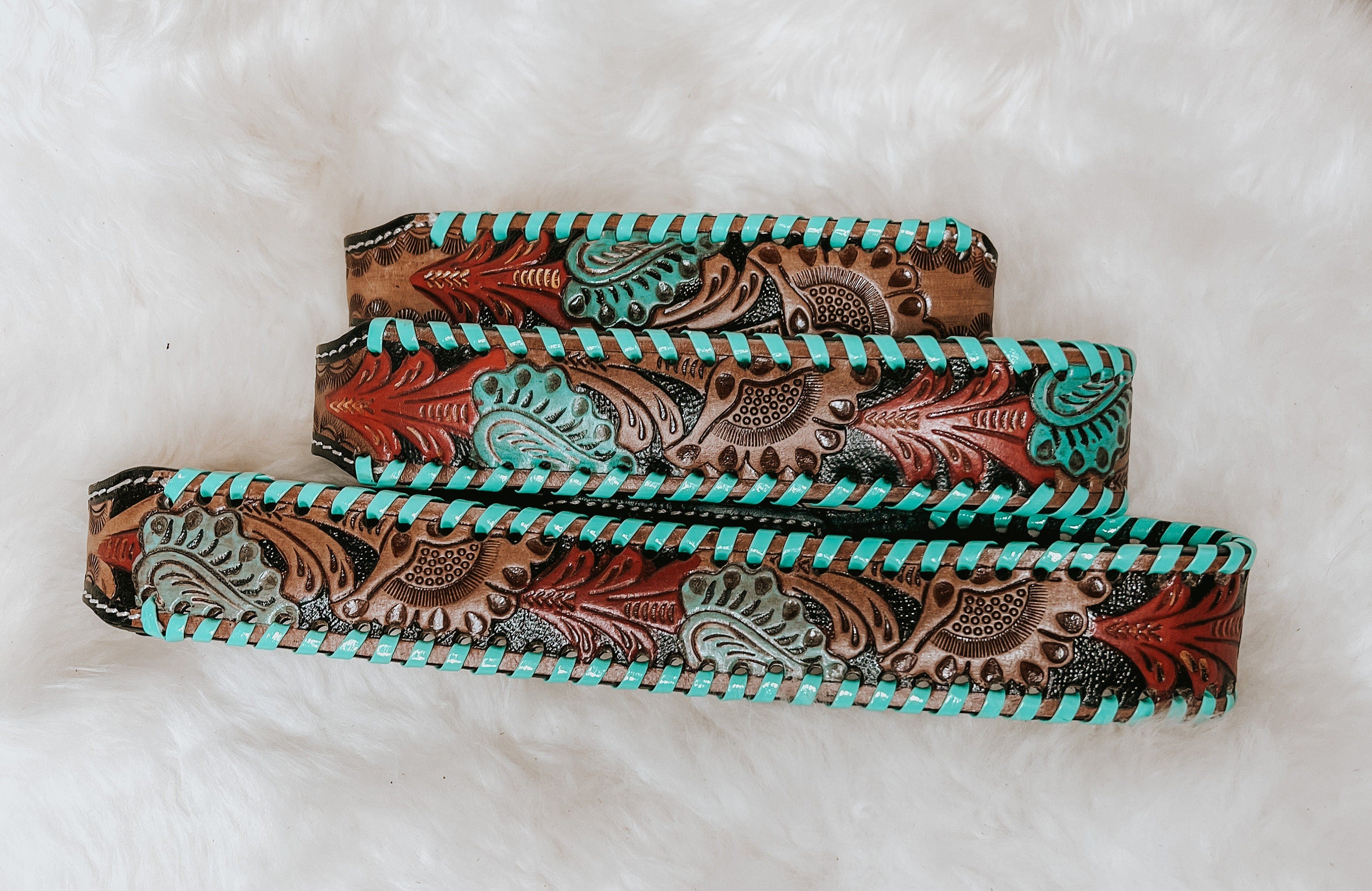 Hand Tooled Turquoise & Red Leather Dog Collar