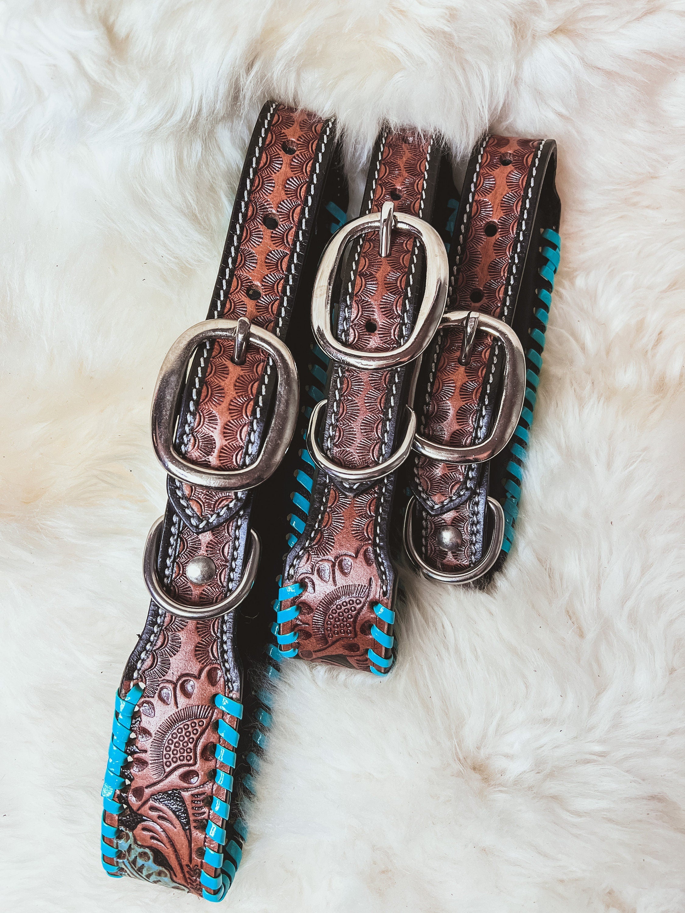 Hand Tooled Turquoise & Red Leather Dog Collar