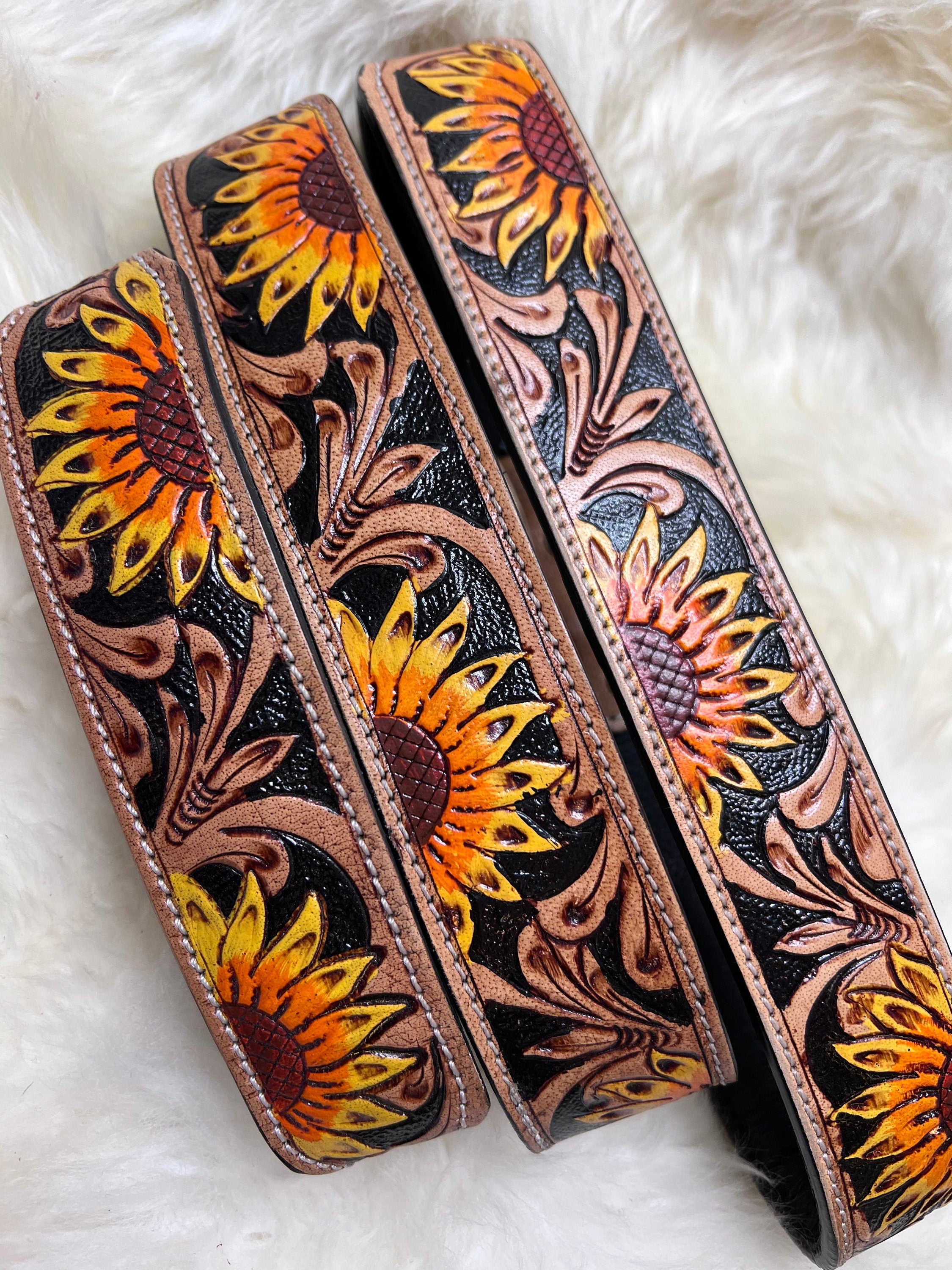Hand Tooled Sunflower Leather Western Dog Collar