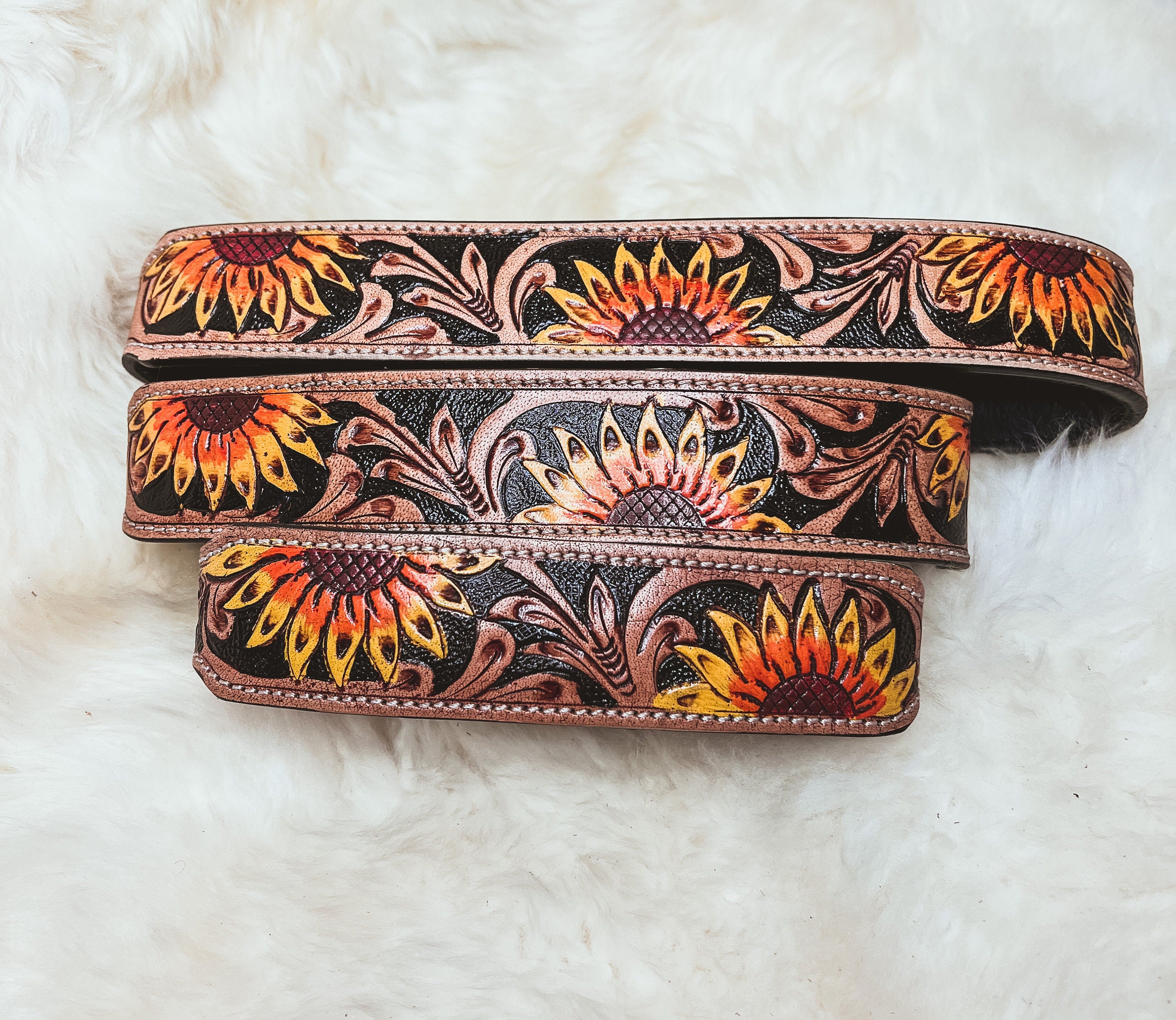 Hand Tooled Sunflower Leather Western Dog Collar