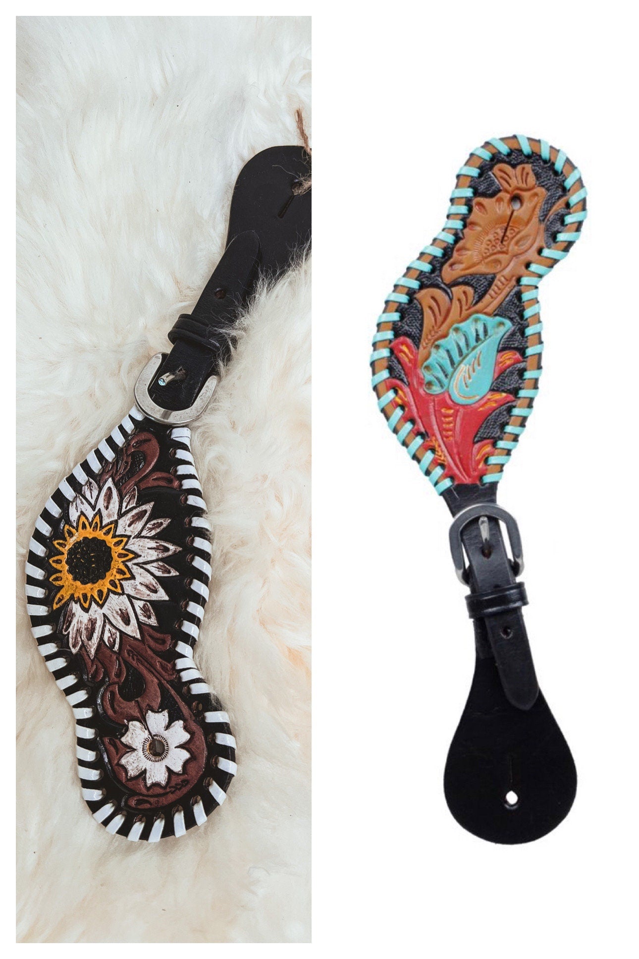 Western Hand Tooled Leather Spur Straps Turquoise Flower White Daisy Horse Tack Cowgirl