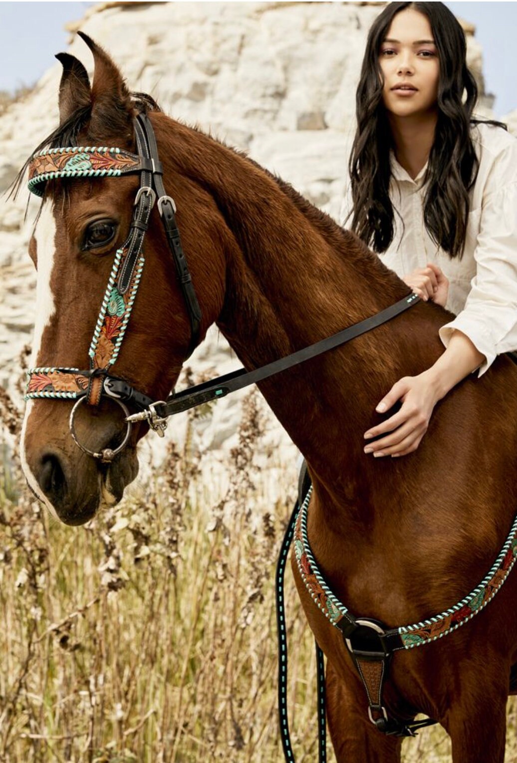 Leather Stitch Style continuous long Horse Reins Turquoise or White Stitch Horse Tack