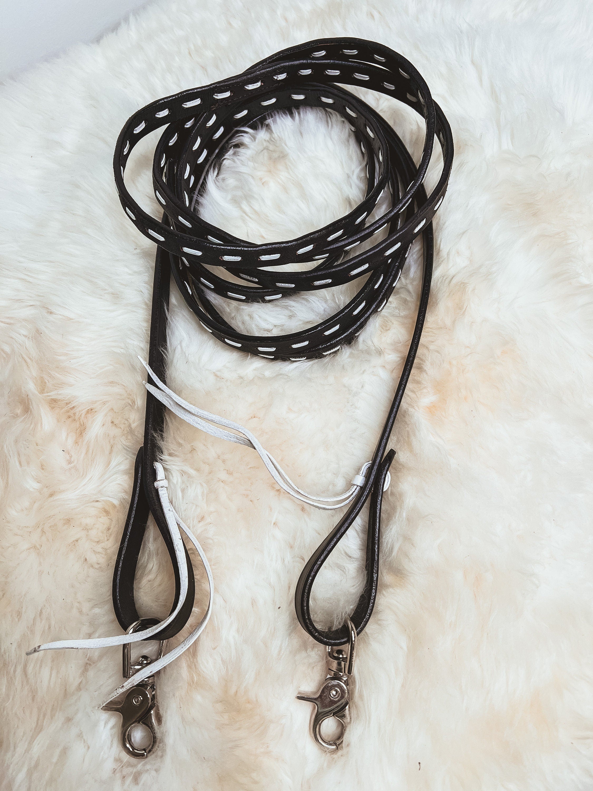 Leather Stitch Style continuous long Horse Reins Turquoise or White Stitch Horse Tack